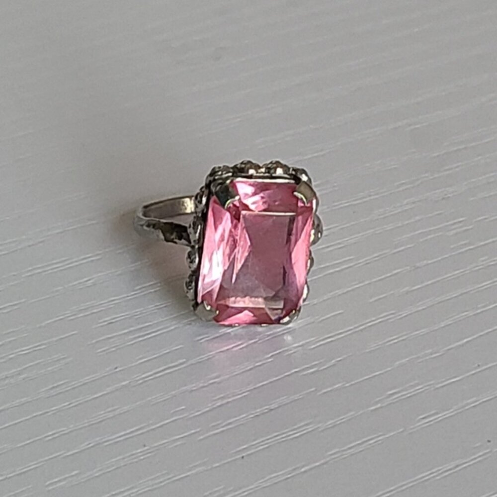 Vintage Boho Antique Sterling Silver Rectangle Pink Topaz Crystal Ring 6 - Picture 7 of 14